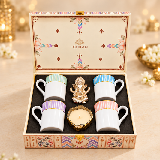 Gift Hamper | Set of 4 mugs with Ganesha Idol and Candle | Multicolor ICHKAN by Day To Day
