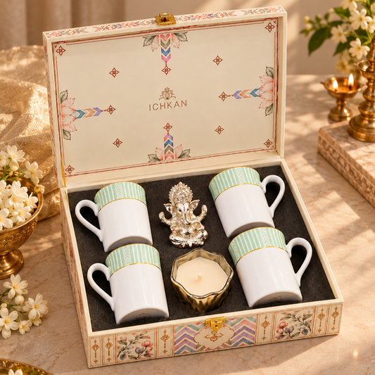 Gift Hamper | Set of 4 mugs with Ganesha Idol and Candle | Stripe Green ICHKAN by Day To Day