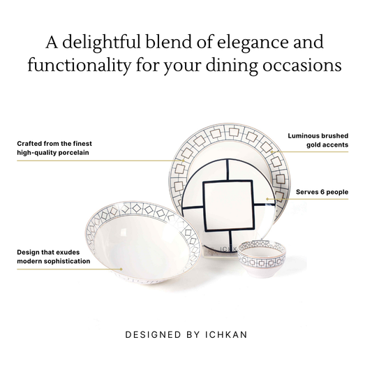 Set of dinnerware with geometric design, featuring text about quality and design, on a white background. Dinner Set Infographics | Black | Matrix | ICHKAN by Day To Day