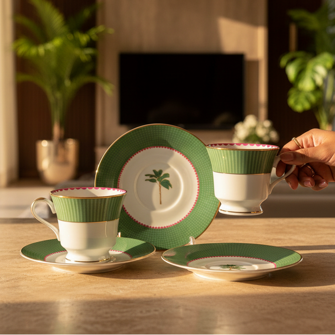 Tea Cup and Saucer Set 12 Pcs Bell Shape | Green | Mayura ICHKAN by Day To Day