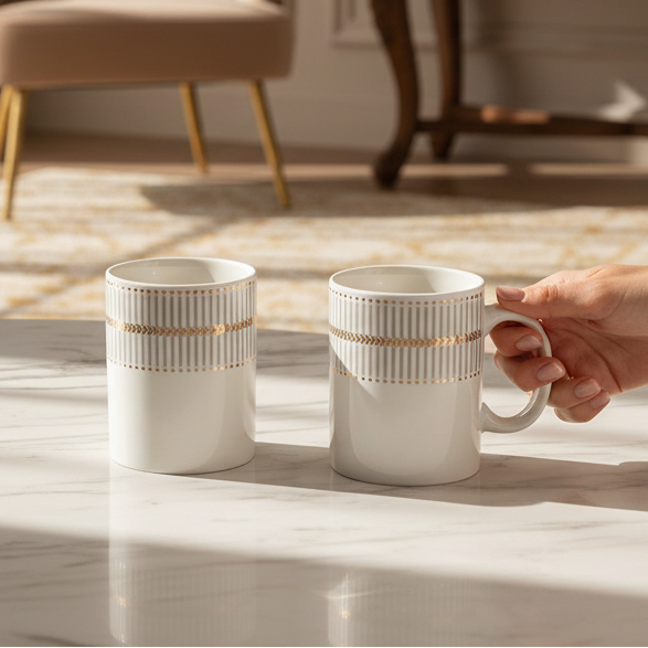 Two white ceramic mugs with gold and beige striped bands are shown on a marble surface in a sunlit room. One mug is standing alone, and a hand is holding the handle of the second mug.