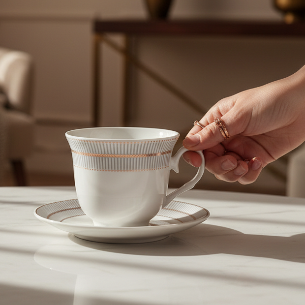 A white ceramic teacup and saucer set with delicate gold stripes, held by a hand with rings in a warm, softly lit interior setting.