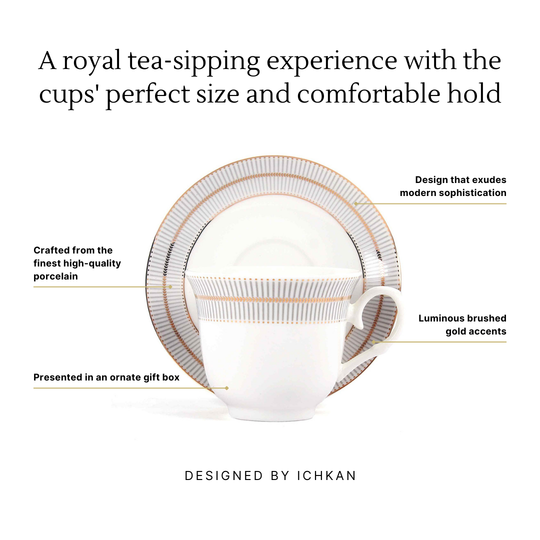 Tea Cup and Saucer Set 12 Pcs | Monarchy Grey | Ichkan Roots