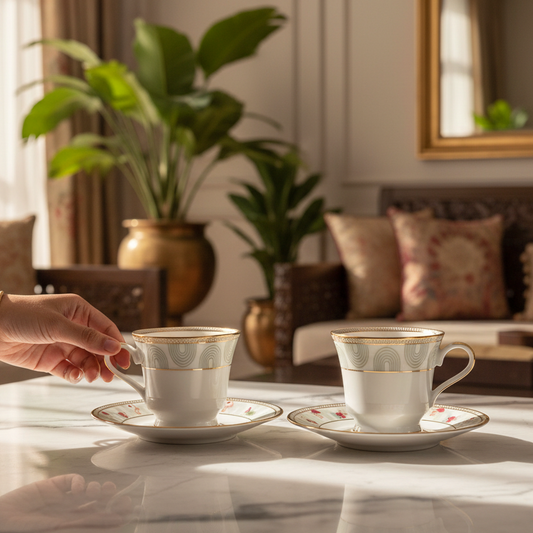 Tea Cup and Saucer Set 12 Pcs | Red | Mughal Garden ICHKAN by Day To Day