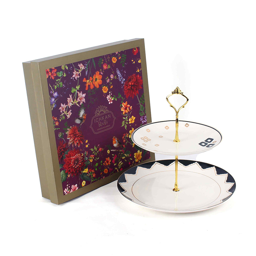 Two-tiered cake stand with floral-patterned gifting box on a white background. 2 Tier Dessert Platter | Black | Qalla | ICHKAN by Day To Day