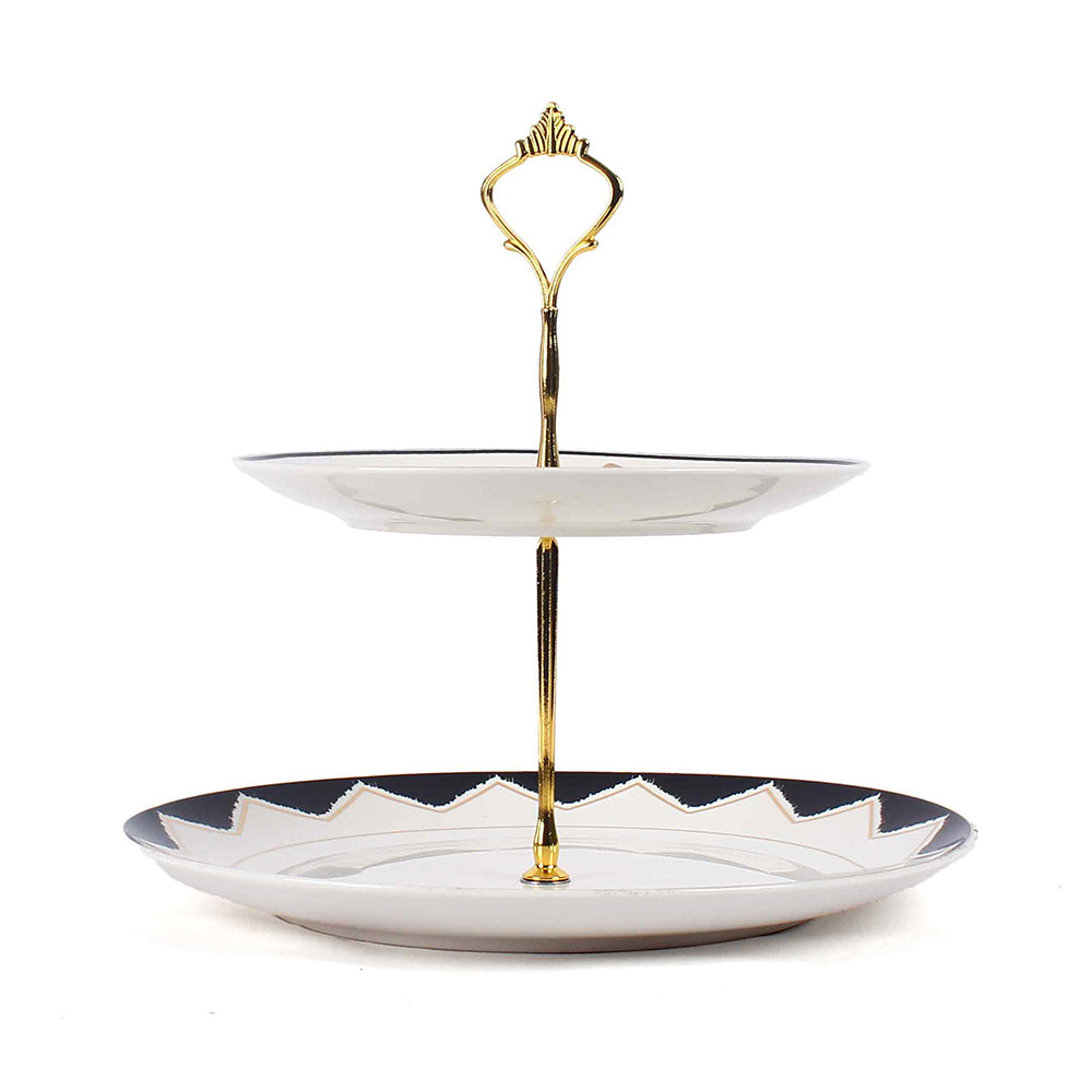 Two-tiered ceramic tray with gold accents on a white background. 2 Tier Dessert Platter | Black | Qalla | ICHKAN by Day To Day.