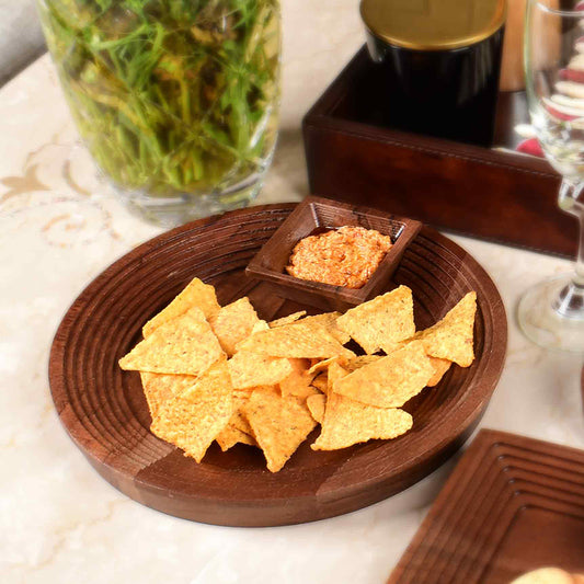 Wooden Round Platter with Square Dip Bowl | Brown | Stepwell ICHKAN by Day To Day