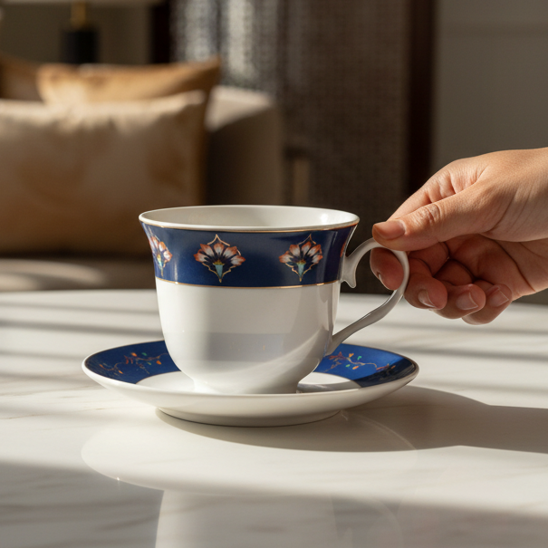 A white porcelain teacup and saucer set with a blue band featuring floral motifs, held by a hand on a light marble table in a softly lit interior.