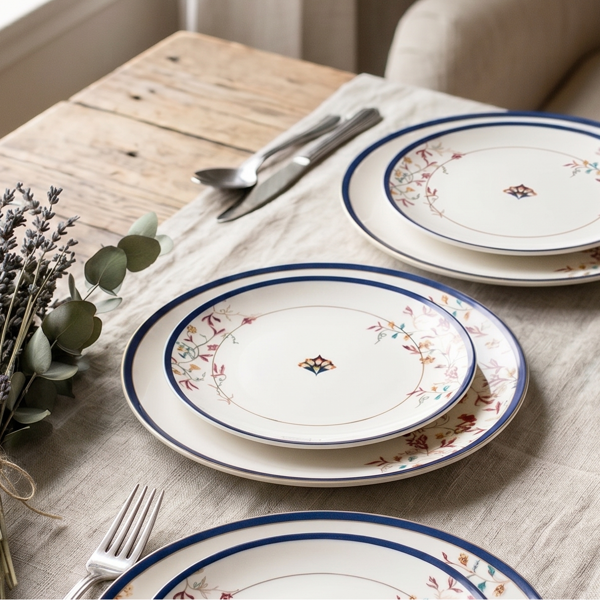 A set of white ceramic dinner plates with blue rims and delicate floral patterns, arranged on a rustic wooden table with silver cutlery, a linen tablecloth, and decorative greenery.