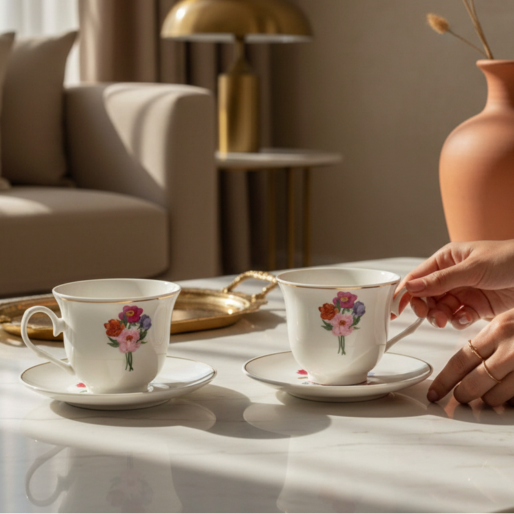 Two white ceramic teacups with saucers, decorated with colorful floral prints, are set on a marble table in a sunlit living room. A person's hands are visible holding the handle of the right cup.