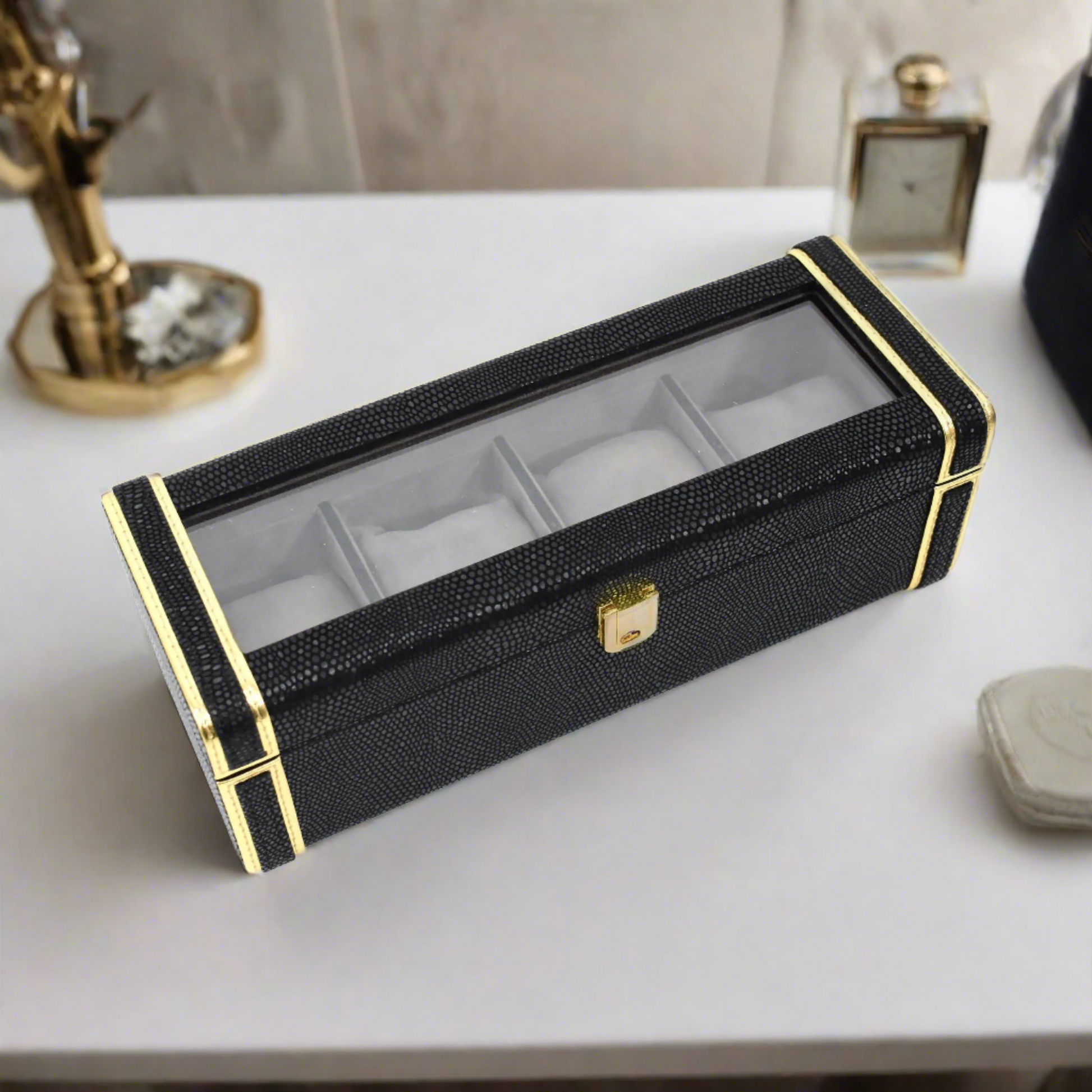 Leatherette Watch Storage and Organiser Box 4 Partition | Black | Serpentine Ichkan