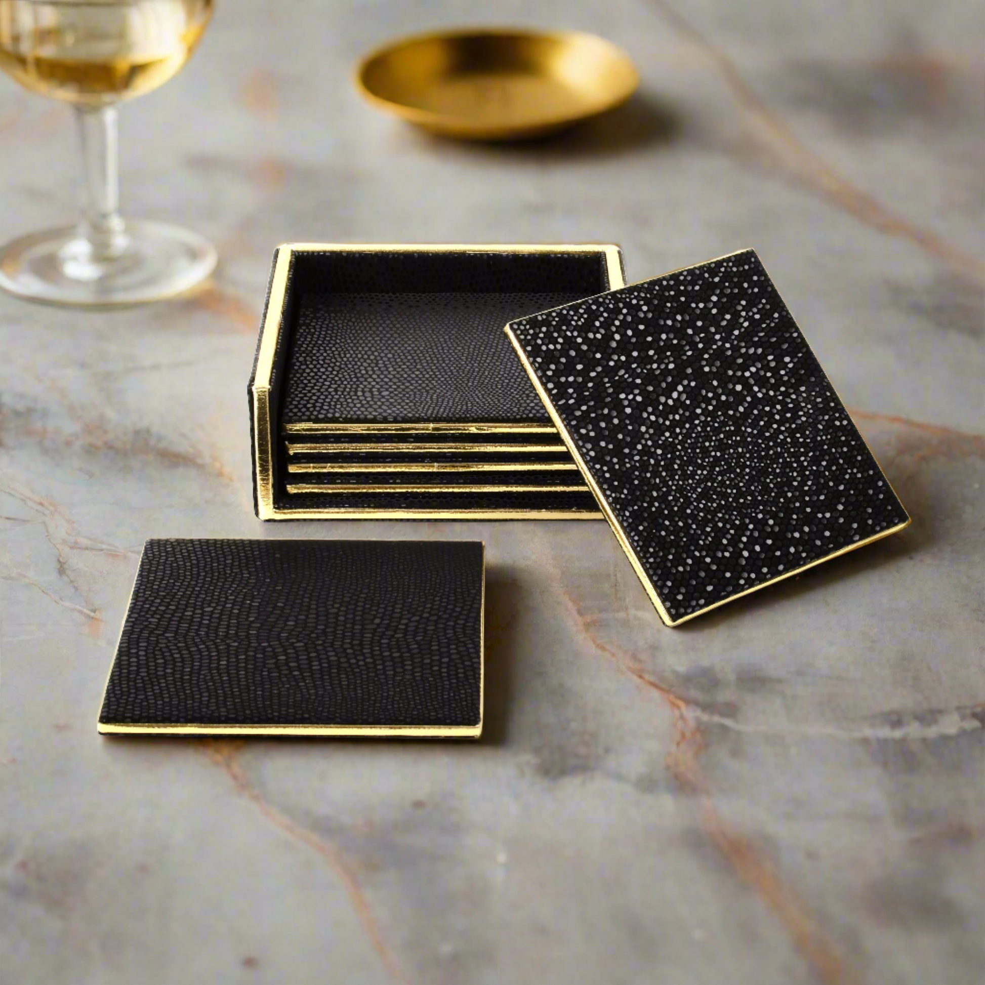 Leatherette Square Coasters Set of 6 | Black | Serpentine Ichkan