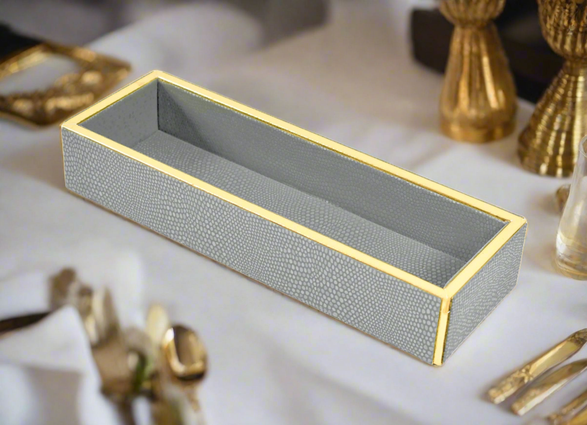 Leatherette Rectangle Long Cutlery Tray | Grey | Serpentine Ichkan