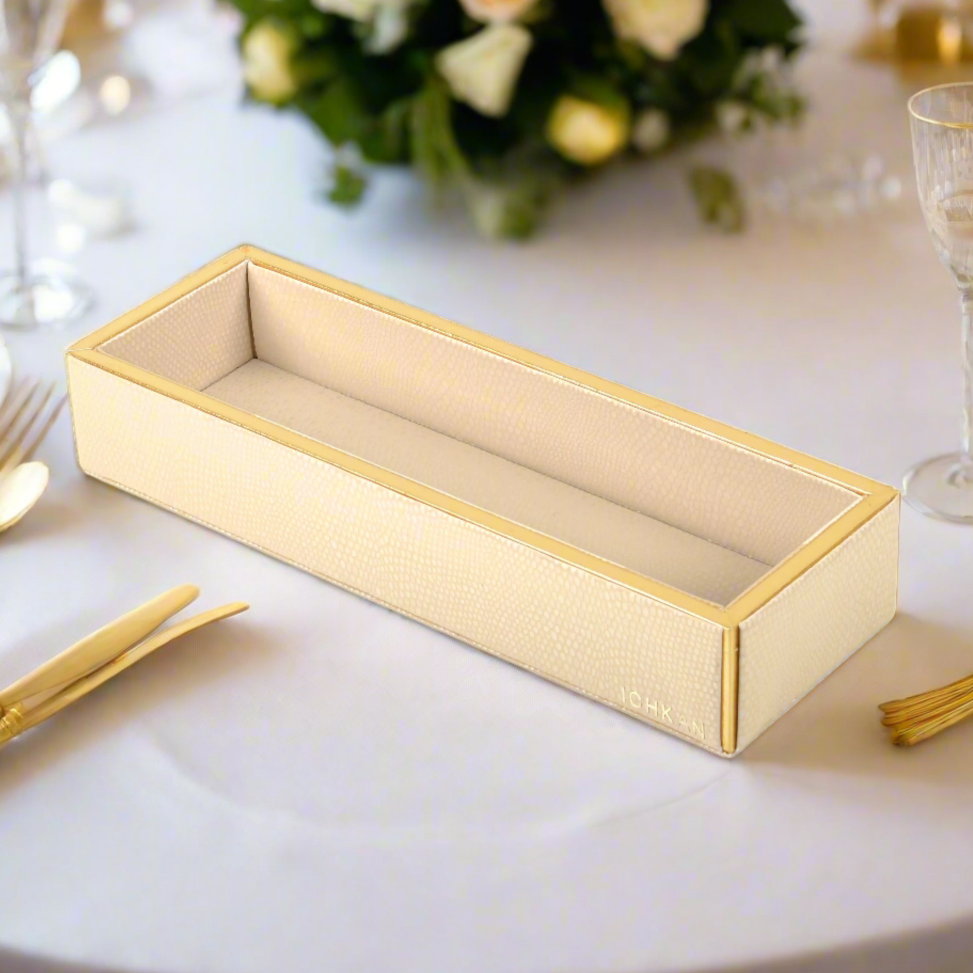 Leatherette Rectangle Long Cutlery Tray | Ivory | Serpentine Ichkan