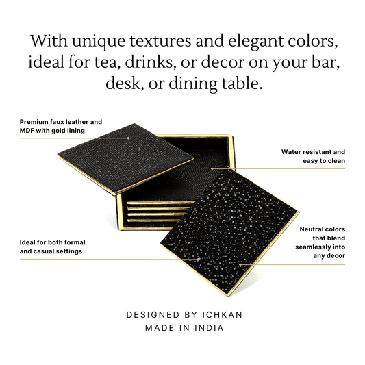 Leatherette Square Coasters Set of 6 | Black | Serpentine