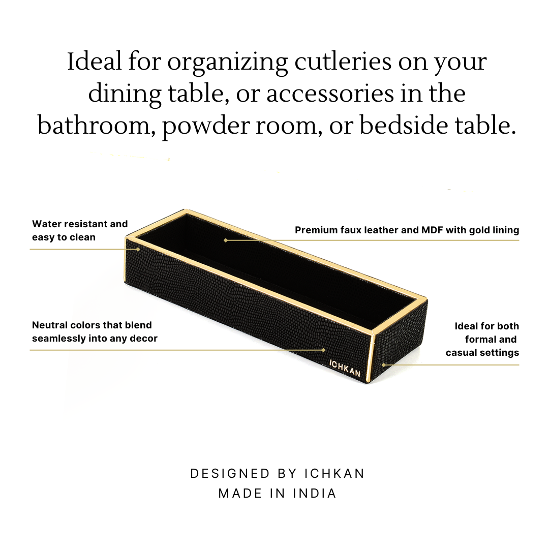 Leatherette Rectangle Long Cutlery Tray | Black | Serpentine