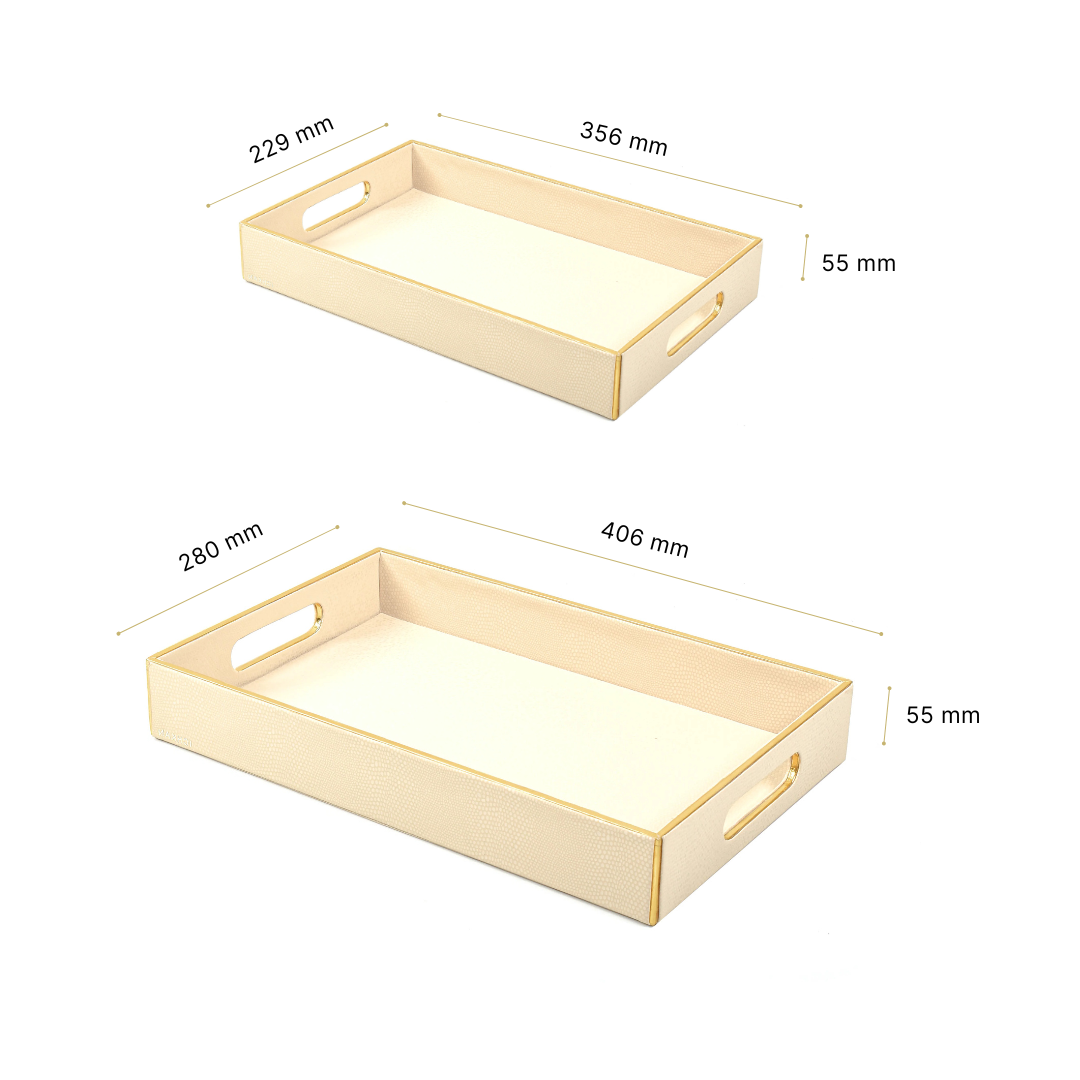 Leatherette Rectangle Serving Tray Set of 2 | Ivory | Serpentine Ichkan