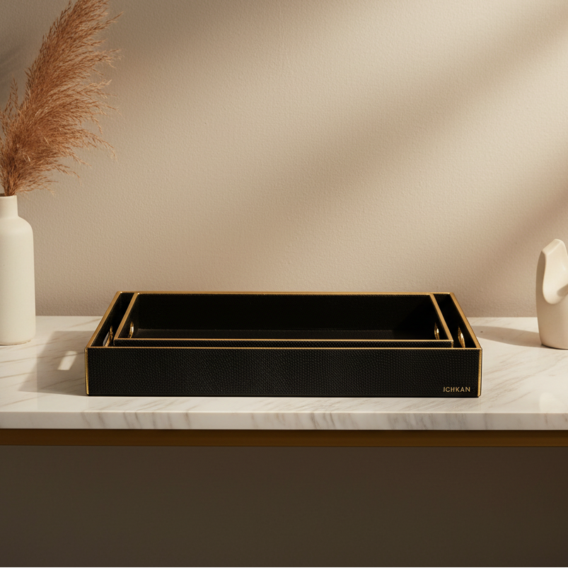 Leatherette Rectangle Serving Tray Set of 2 | Black | Serpentine Ichkan