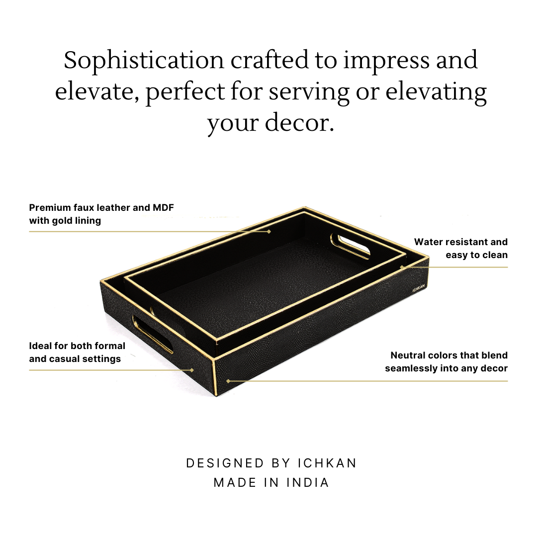 Leatherette Rectangle Serving Tray Set of 2 | Black | Serpentine