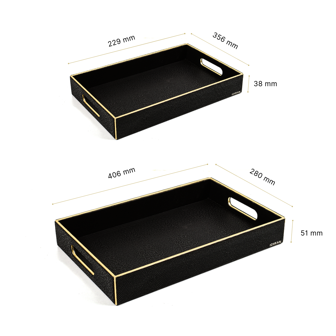 Leatherette Rectangle Serving Tray Set of 2 | Black | Serpentine