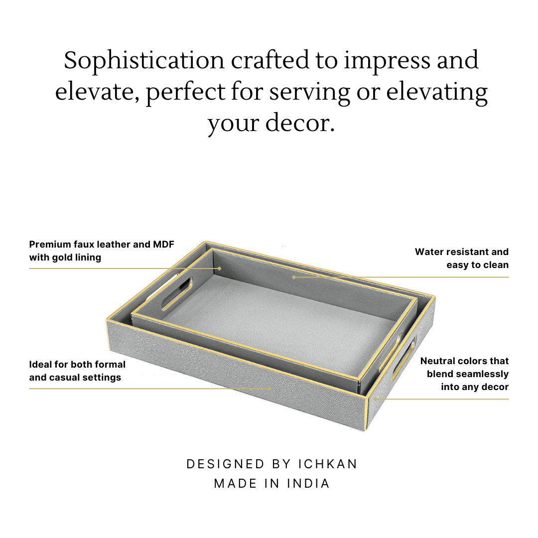 Leatherette Rectangle Serving Tray Set of 2 | Grey | Serpentine