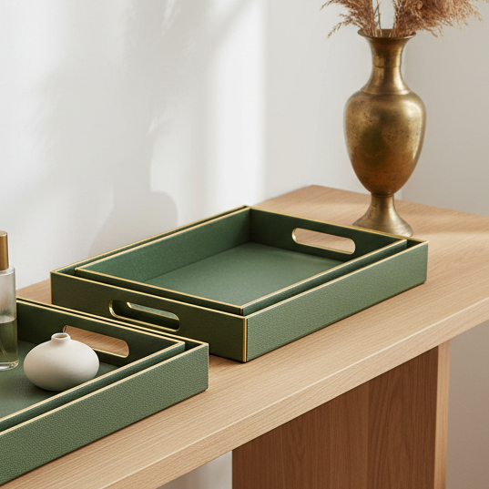 Green trays with handles on a wooden surface with a gold vase in the background.