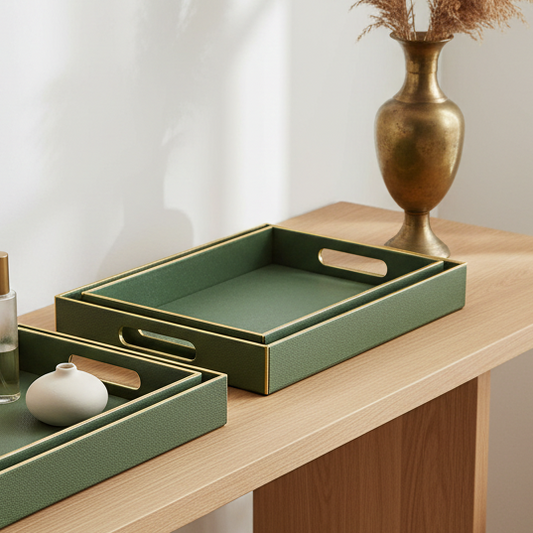 Green trays with handles on a wooden surface with a gold vase in the background.
