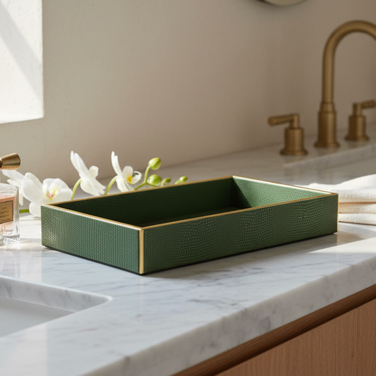 Green rectangular tray on a marble countertop with a neutral background