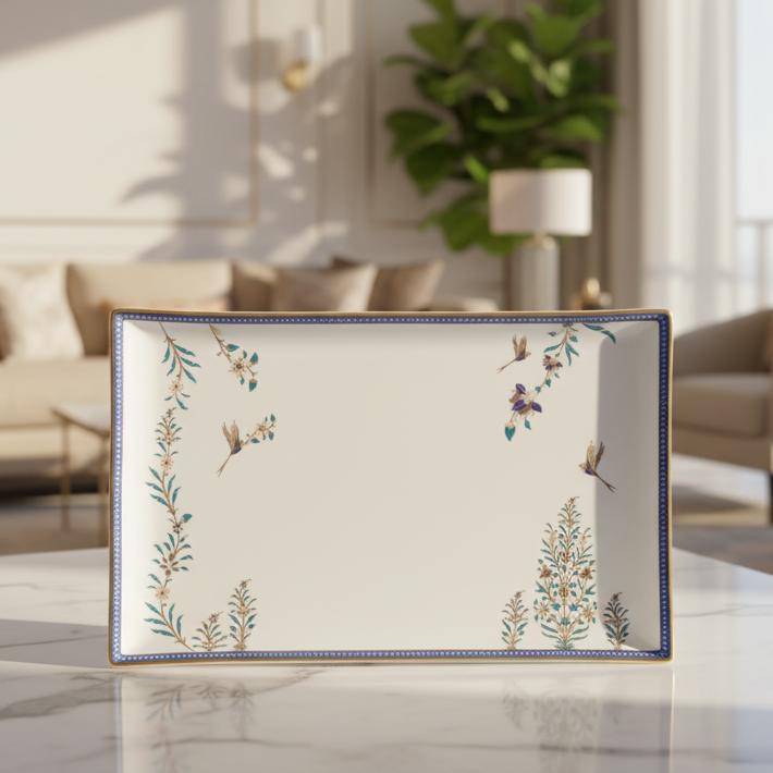 Decorative tray with floral patterns on a reflective surface in a modern living room.