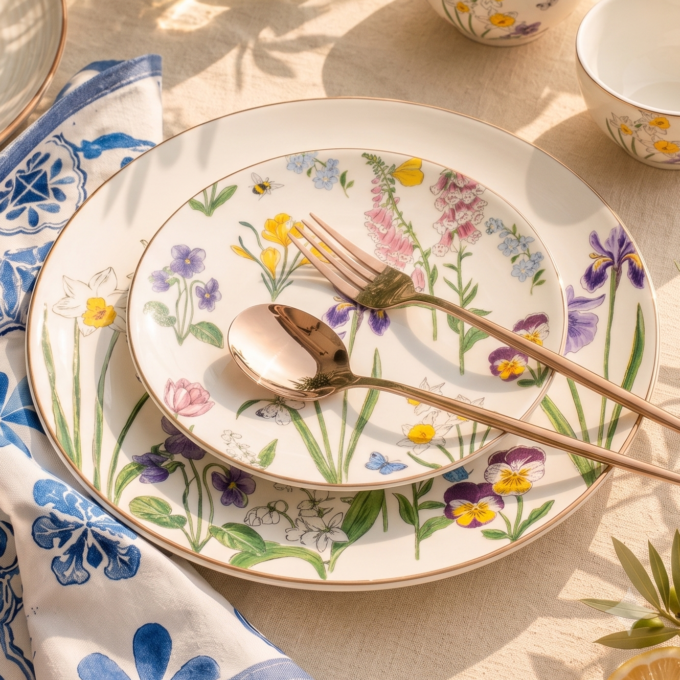 A styled table setting featuring a floral ceramic dinnerware set with plates, bowls, and cups decorated with purple, yellow, and blue flowers. A blue and white patterned napkin and gold-toned cutlery are arranged on a beige tablecloth with dappled sunlight and a glass vase of greenery in the background.