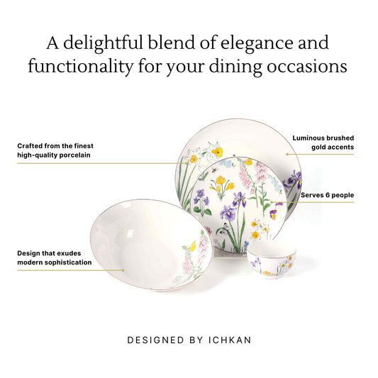 Floral porcelain dinnerware set with gold accents on a white background, featuring text about its qualities. Dinner Set Infographics | Multicoloured | Tarang | ICHKAN by Day To Day