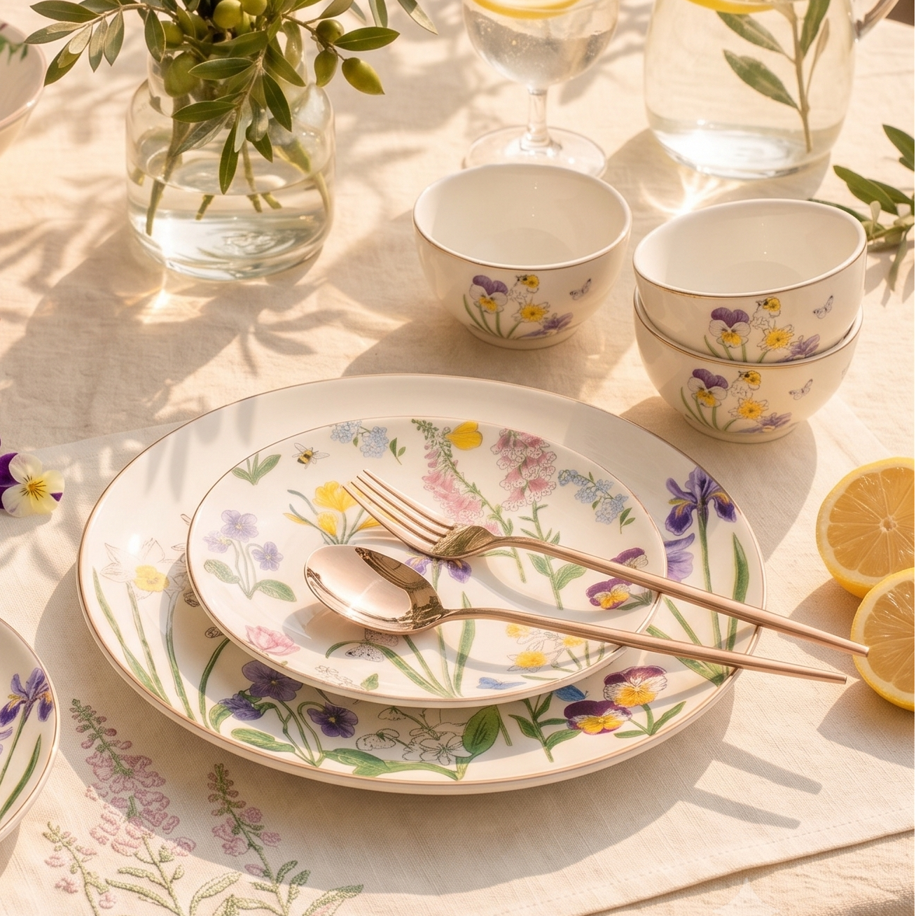 A styled table setting with floral ceramic dishes, bowls, cups, and a glass pitcher on a cream tablecloth. The set includes purple, yellow, and green flower patterns, with decorative leaves, flowers, and lemon slices arranged around it in warm natural light.