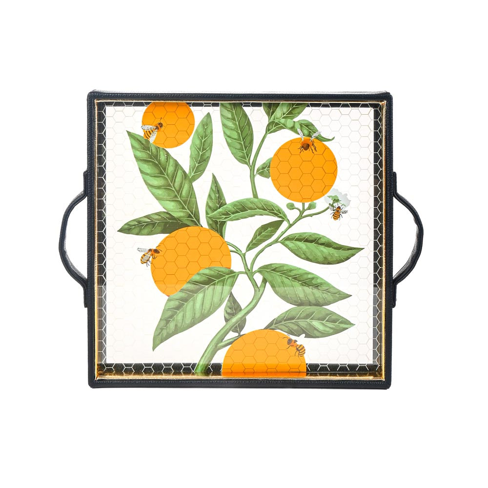 Bee Print Glass Leatherette Square Tray