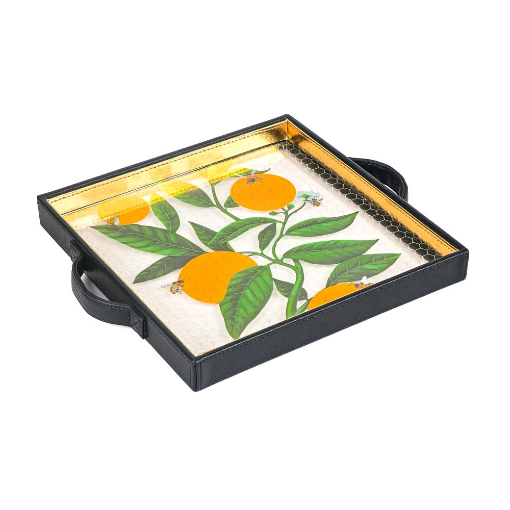 Bee Print Glass Leatherette Square Tray