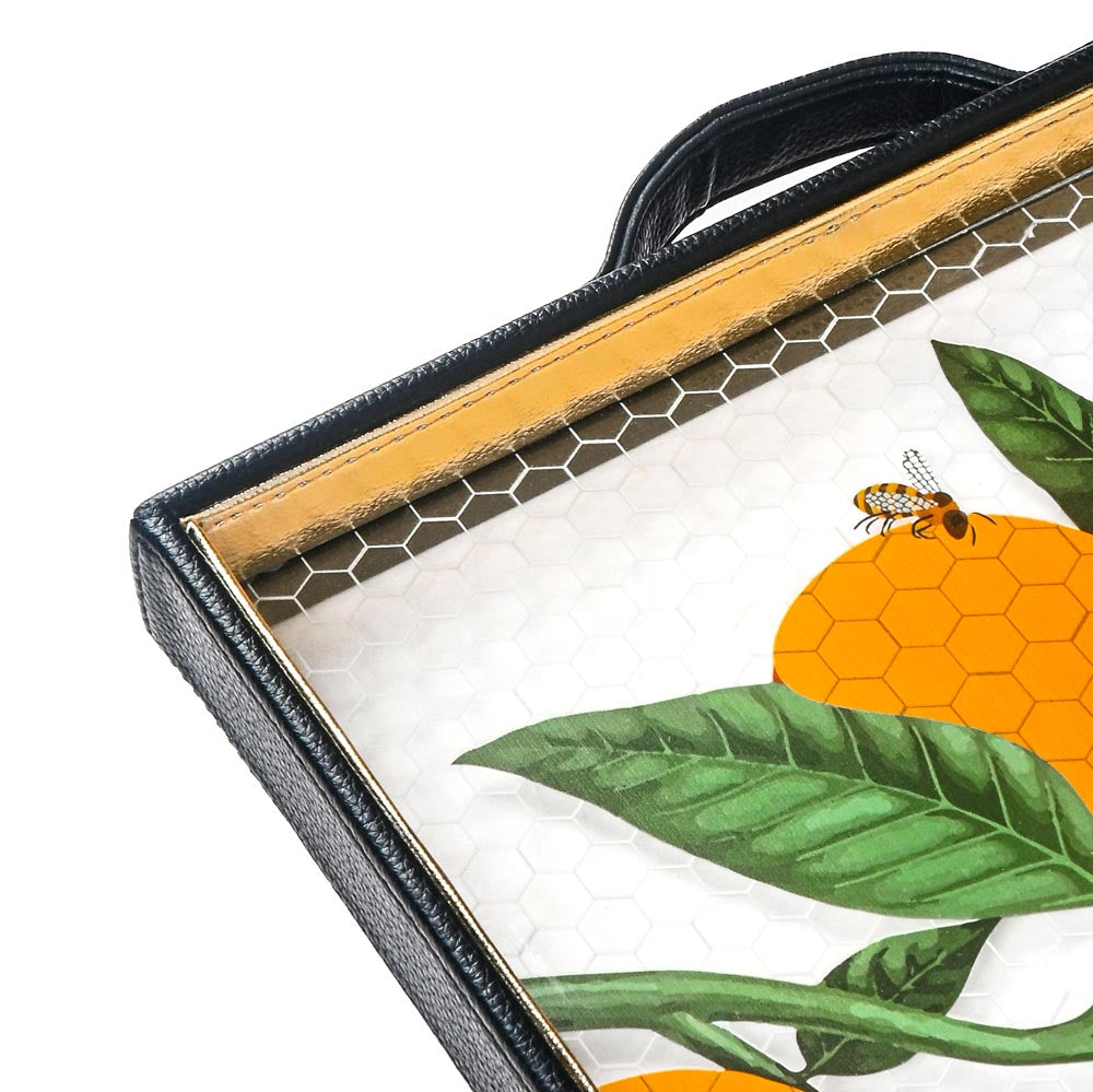 Bee Print Glass Leatherette Square Tray