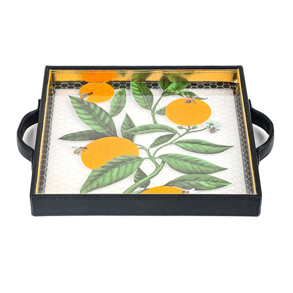 Bee Print Glass Leatherette Square Tray