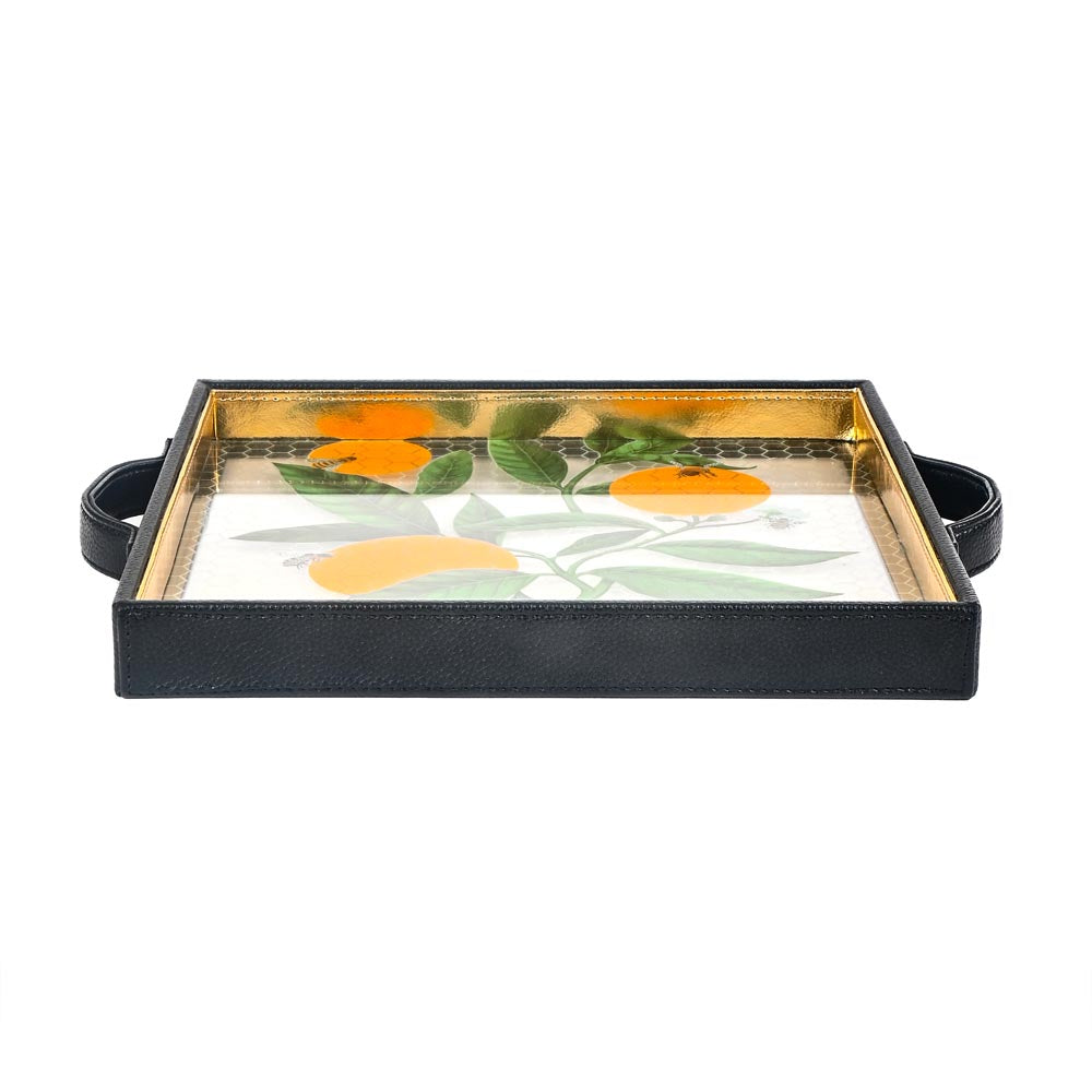 Bee Print Glass Leatherette Square Tray