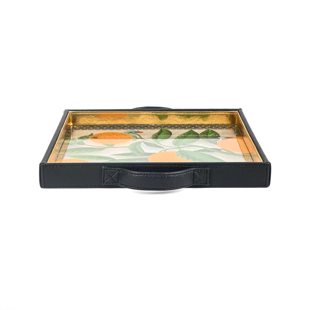 Bee Print Glass Leatherette Square Tray