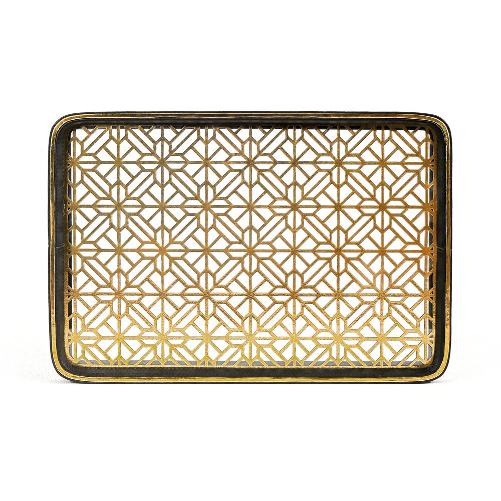 Golden Lattice Glass Leatherette Rectangle Tray | Black