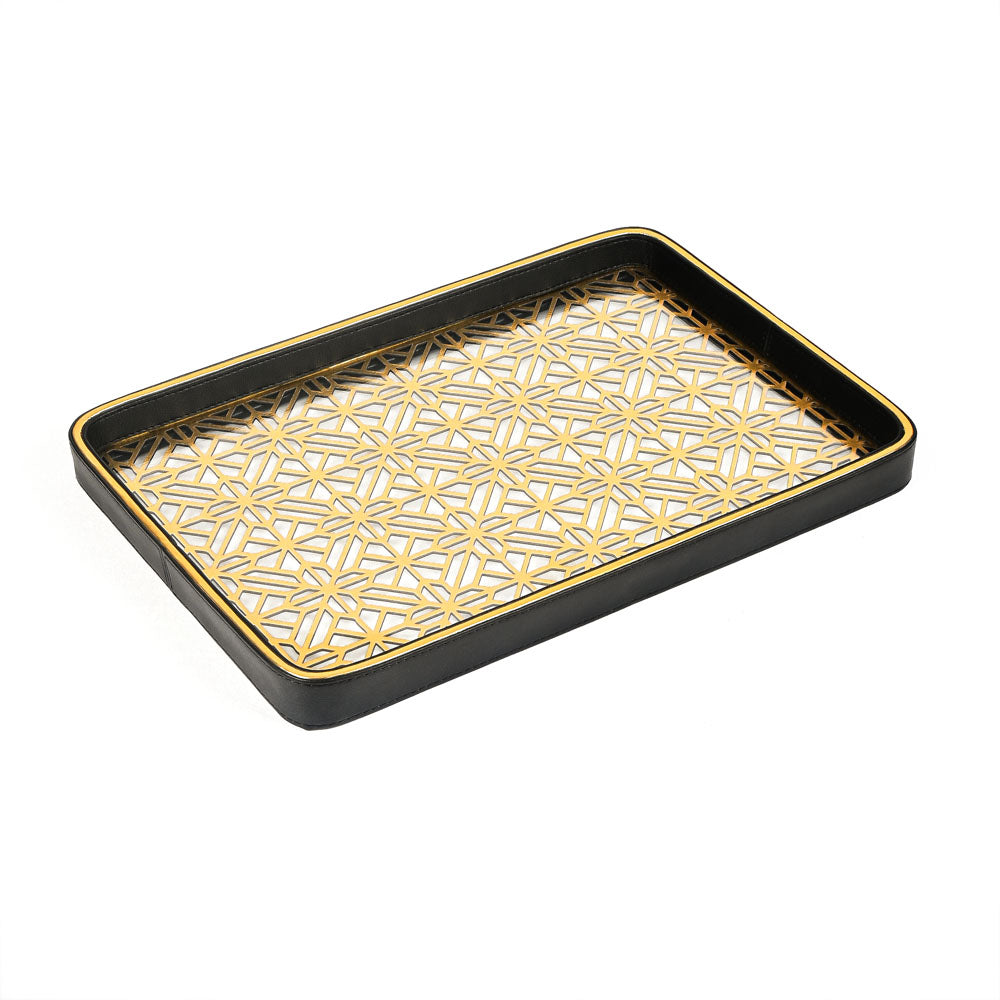 Golden Lattice Glass Leatherette Rectangle Tray | Black