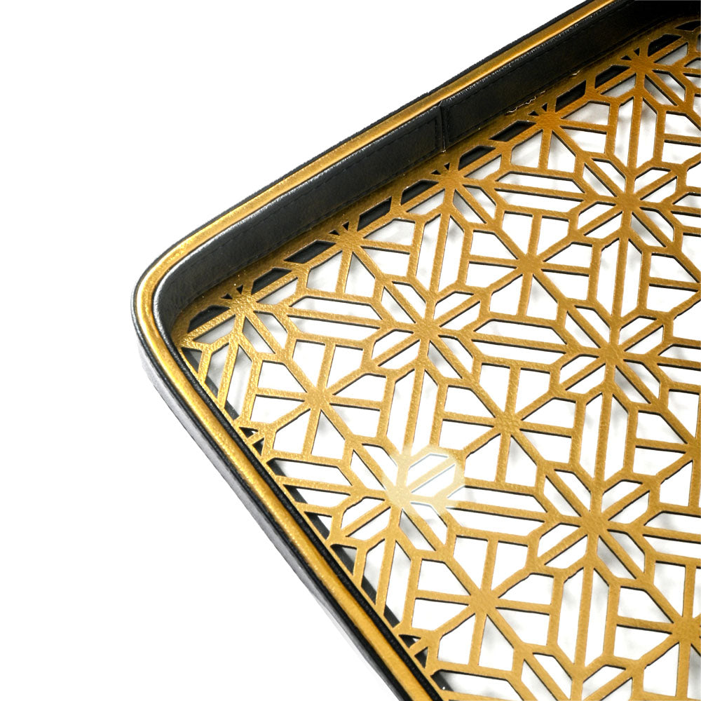 Golden Lattice Glass Leatherette Rectangle Tray | Black