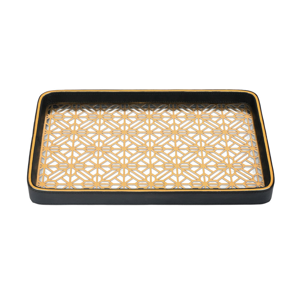 Golden Lattice Glass Leatherette Rectangle Tray | Black