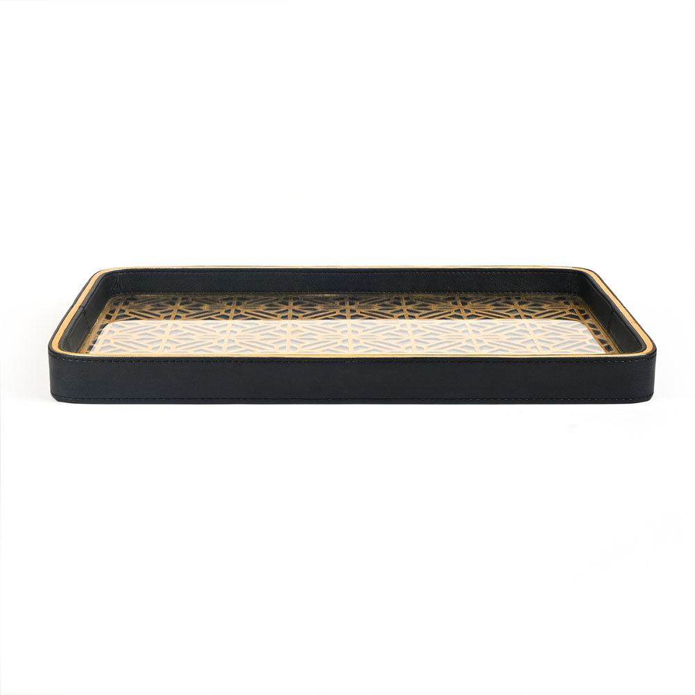 Golden Lattice Glass Leatherette Rectangle Tray | Black