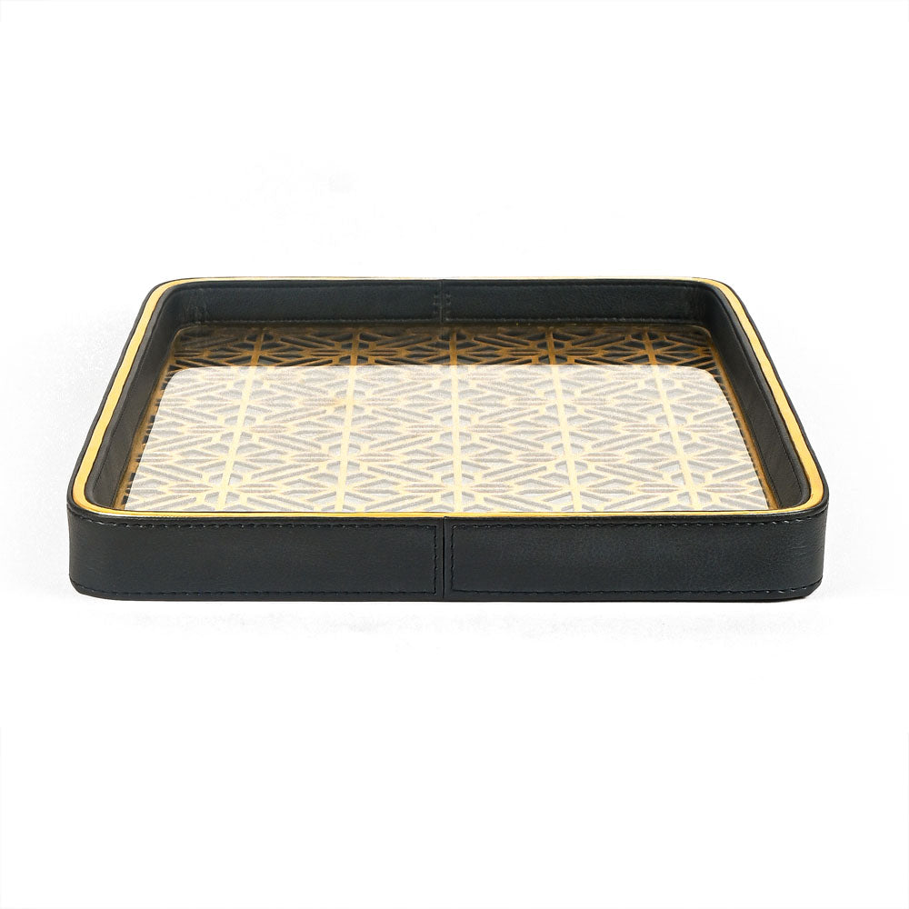 Golden Lattice Glass Leatherette Rectangle Tray | Black