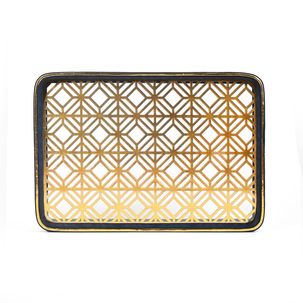 Golden Lattice Glass Leatherette Rectangle Tray | Blue