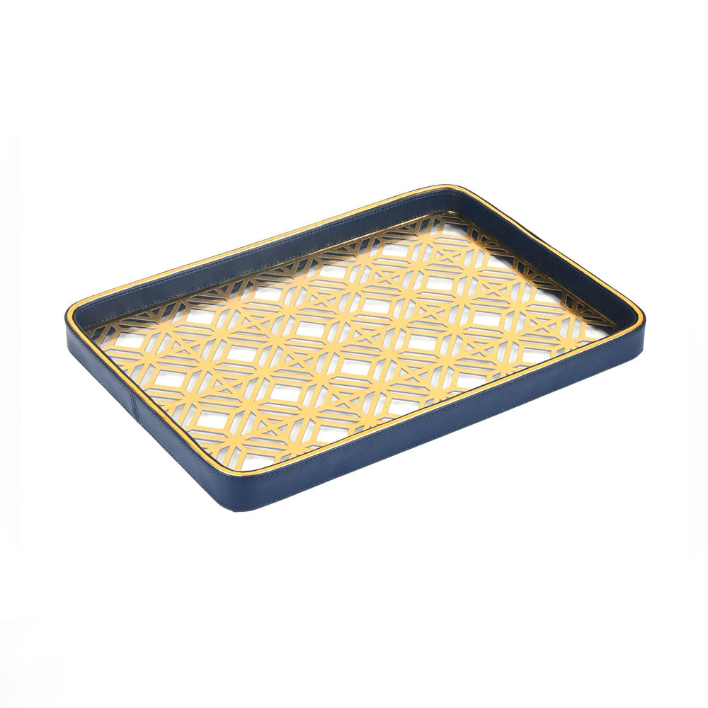 Golden Lattice Glass Leatherette Rectangle Tray | Blue