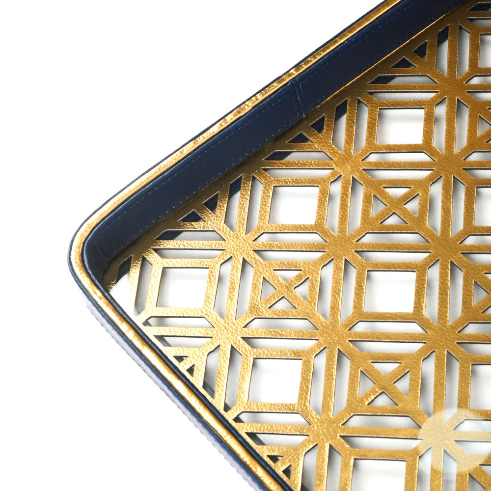 Golden Lattice Glass Leatherette Rectangle Tray | Blue