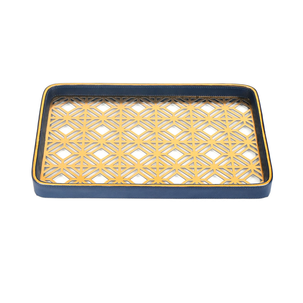 Golden Lattice Glass Leatherette Rectangle Tray | Blue