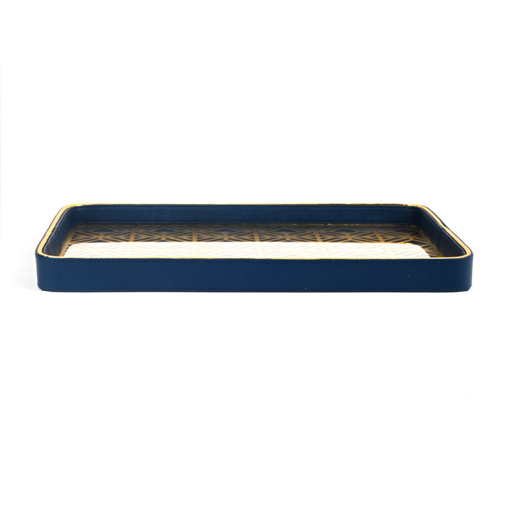 Golden Lattice Glass Leatherette Rectangle Tray | Blue