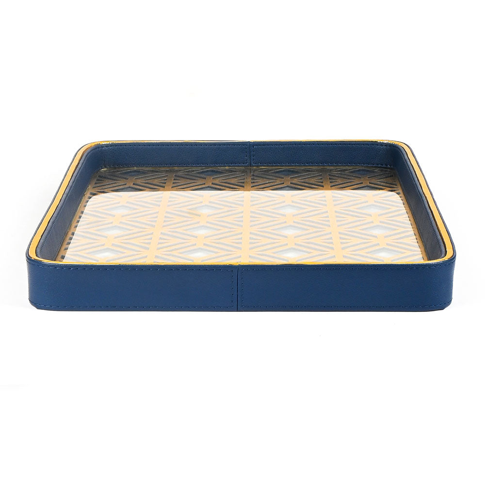 Golden Lattice Glass Leatherette Rectangle Tray | Blue